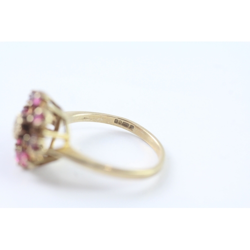 209 - 9ct gold ruby and diamond floral cluster dress ring (3g) Size O