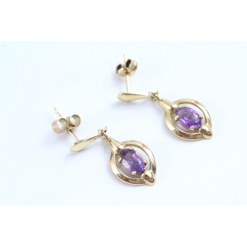 224 - 9ct gold amethyst drop earrings (1.9g)