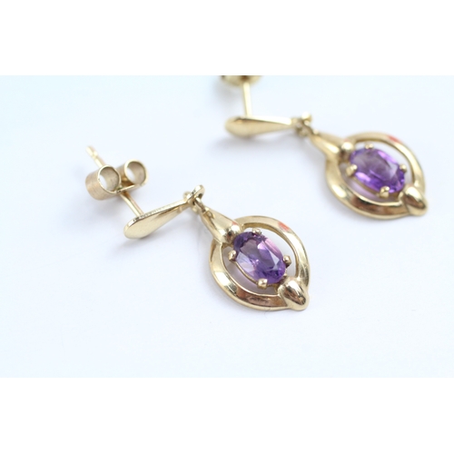 224 - 9ct gold amethyst drop earrings (1.9g)