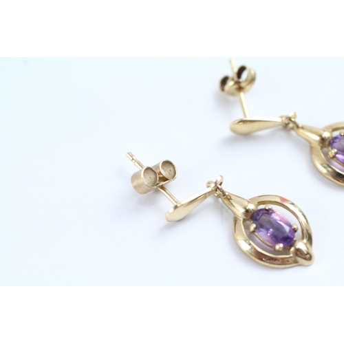 224 - 9ct gold amethyst drop earrings (1.9g)