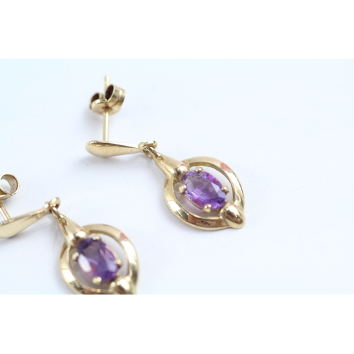 224 - 9ct gold amethyst drop earrings (1.9g)