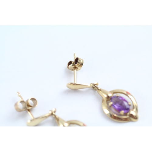 224 - 9ct gold amethyst drop earrings (1.9g)