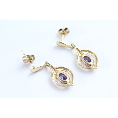 224 - 9ct gold amethyst drop earrings (1.9g)