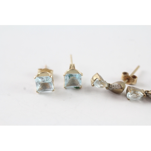 226 - 2x 9ct gold blue gemstone & diamond drop & stud earrings (1.9g)