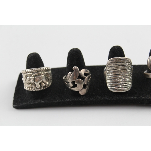 254 - Collection of Sterling Silver Rings inc. Elephant, Cut Work, Mid Century x 7 45g