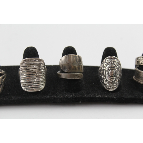 254 - Collection of Sterling Silver Rings inc. Elephant, Cut Work, Mid Century x 7 45g