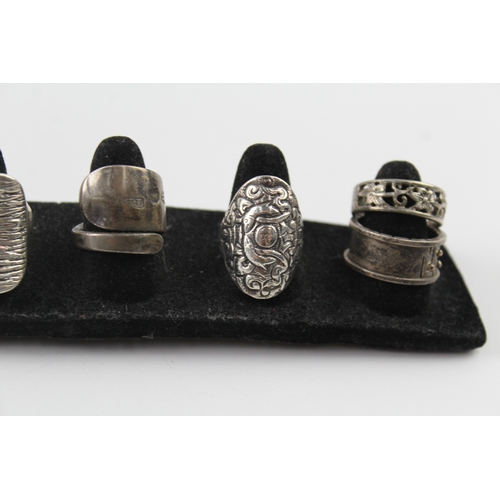 254 - Collection of Sterling Silver Rings inc. Elephant, Cut Work, Mid Century x 7 45g