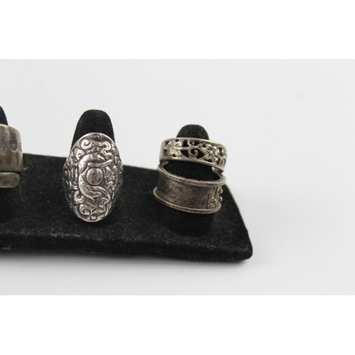 254 - Collection of Sterling Silver Rings inc. Elephant, Cut Work, Mid Century x 7 45g