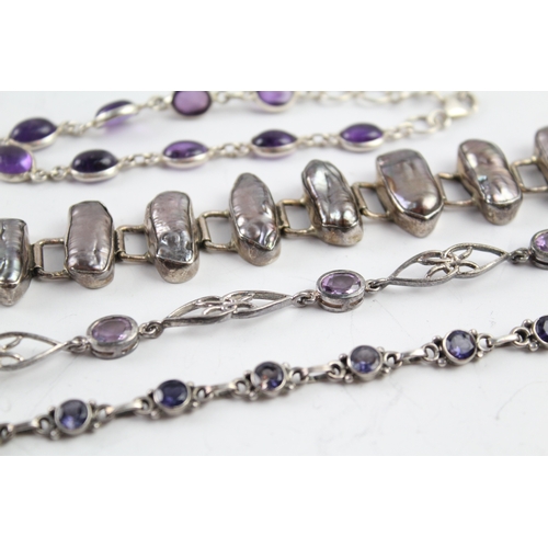 297 - Collection of Sterling Silver Gemstone Bracelets inc. Iolite, Amethyst x 4 52g