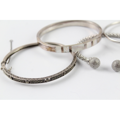 305 - Collection of Sterling Silver Bangles inc. CZ, Marcasite, MOP x 5 63g