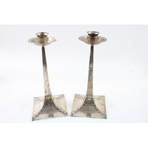 ARTS & CRAFTS 1911 Sheffield Sterling Silver Stud Detail Candlestick Pair (750g)