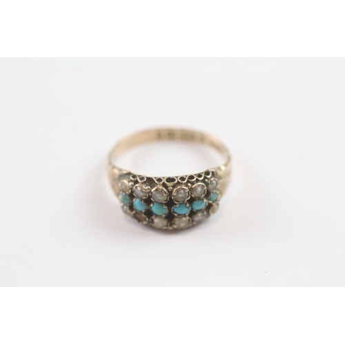 38 - 9ct rose gold Victorian split pearl & turquoise multi row band ring - as found (1.9g)