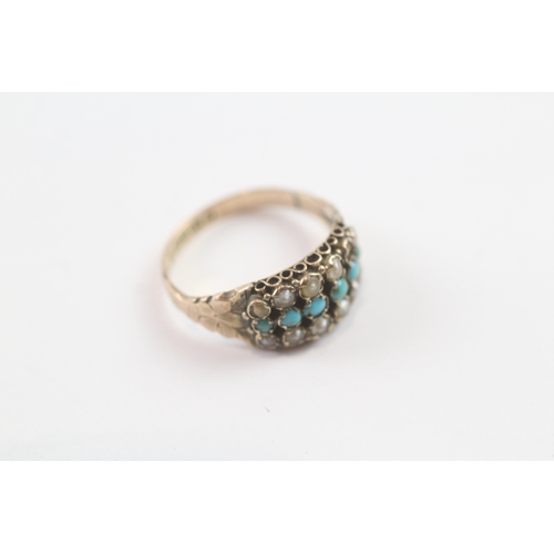 38 - 9ct rose gold Victorian split pearl & turquoise multi row band ring - as found (1.9g)