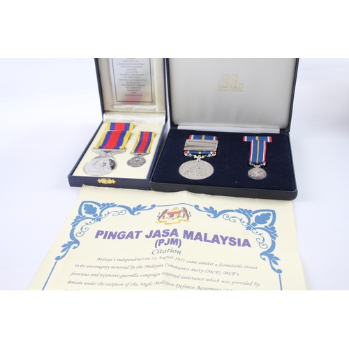 381 - Boxed Medal Sets Inc Pingat Jasa w/ Citation & National Service x 2