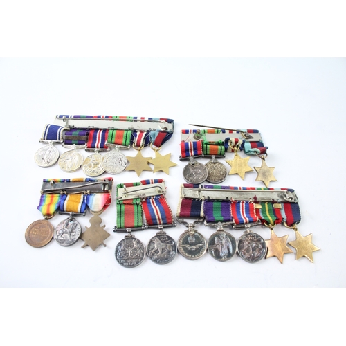 384 - Mounted Miniature Medal Groups Inc WW1, WW2 RAF, Palestine, Etc x 5