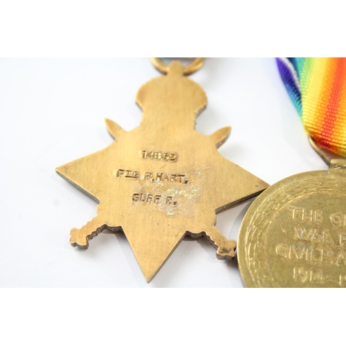 387 - WW1 1914-15 Star Medal Trio 14852 Pte P. Hart Suffolk Regt x 3