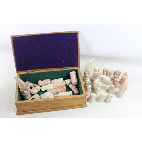 406 - Vintage Carved Chess Set In Wooden Box