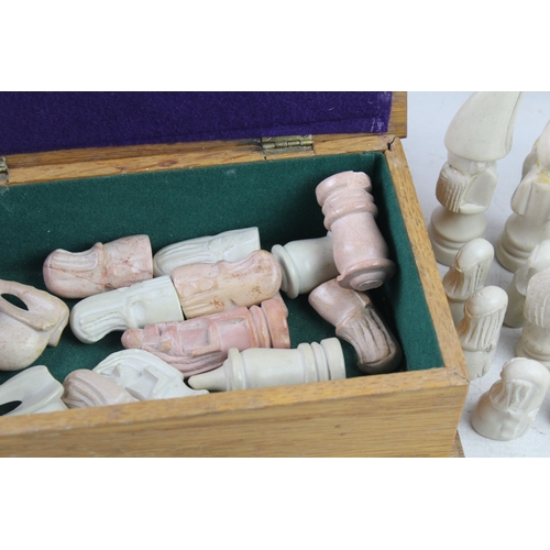 406 - Vintage Carved Chess Set In Wooden Box