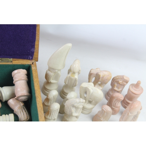 406 - Vintage Carved Chess Set In Wooden Box