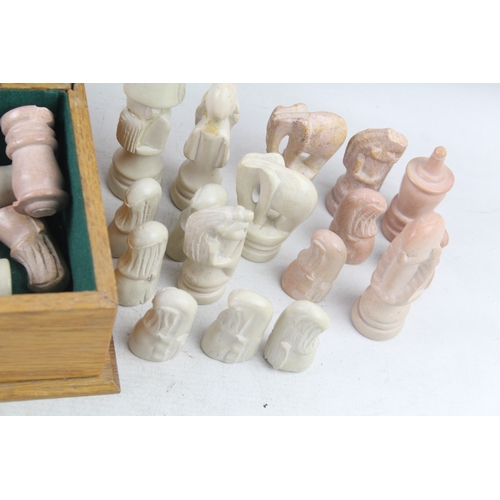 406 - Vintage Carved Chess Set In Wooden Box