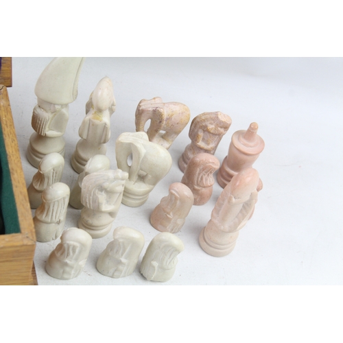 406 - Vintage Carved Chess Set In Wooden Box