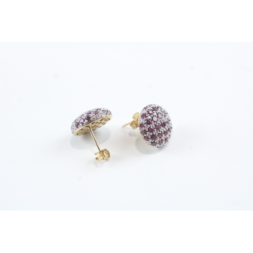 44 - 14ct gold diamond & purple gemstone cluster stud earrings (7.4g)