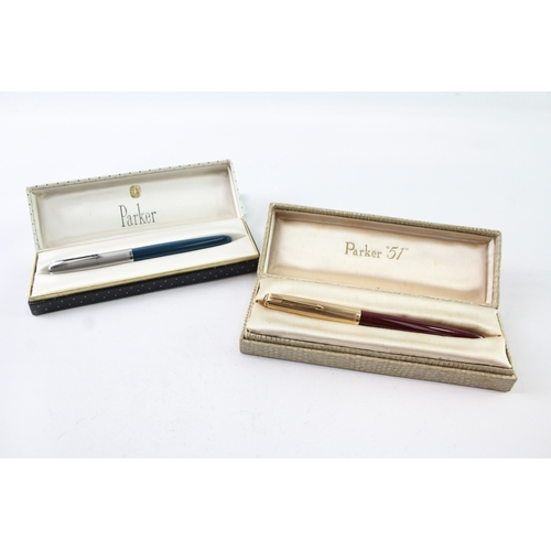 483 - 2 x Vintage Parker 51 Fountain Pens w/ 14ct Gold Nibs WRITING Boxed