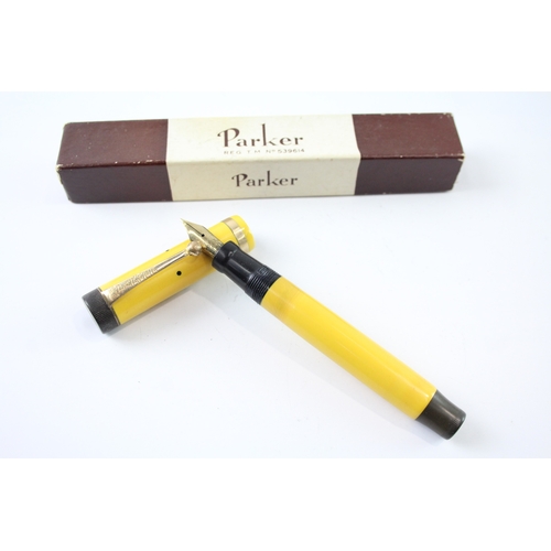 487 - Vintage Parker Duofold Lucky Curve Yellow Fountain Pen w/ Gold Plate Nib WRITING