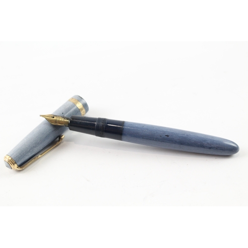 492 - Vintage Parker Duofold Blue Fountain Pen w/ 14ct Gold Nibs WRITING Boxed