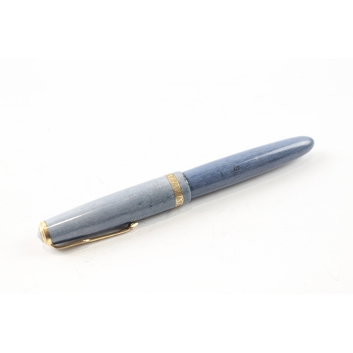 492 - Vintage Parker Duofold Blue Fountain Pen w/ 14ct Gold Nibs WRITING Boxed