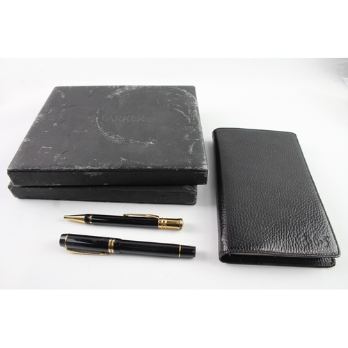 500 - Parker Centennial Duofold Black Lacquer Fountain Pen Set w/ 18ct Gold Nib Etc