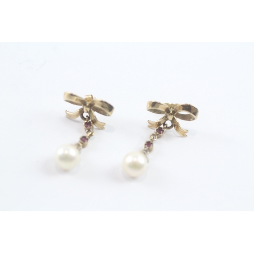 64 - 9ct gold pearl & ruby drop earrings (3.3g)