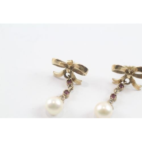 64 - 9ct gold pearl & ruby drop earrings (3.3g)