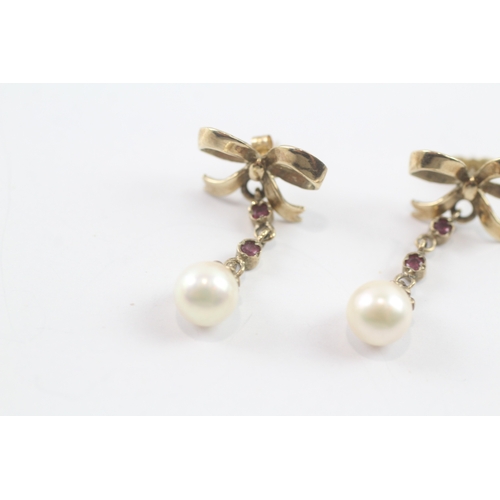 64 - 9ct gold pearl & ruby drop earrings (3.3g)