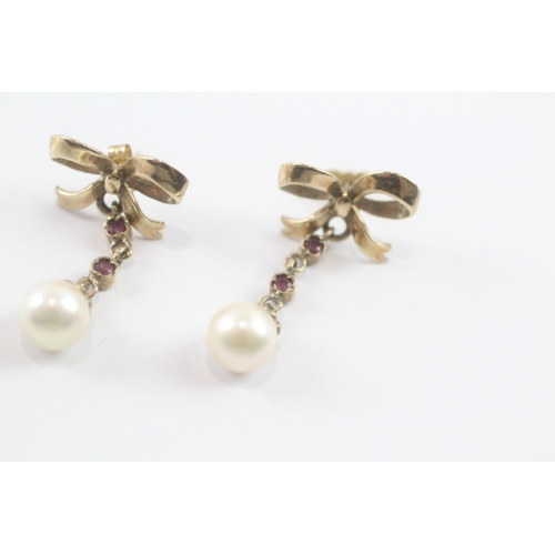 64 - 9ct gold pearl & ruby drop earrings (3.3g)