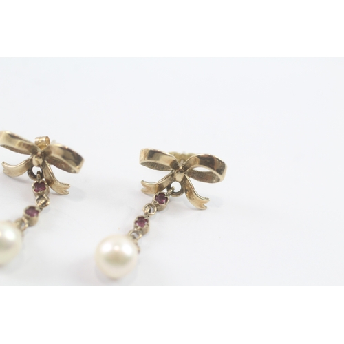 64 - 9ct gold pearl & ruby drop earrings (3.3g)