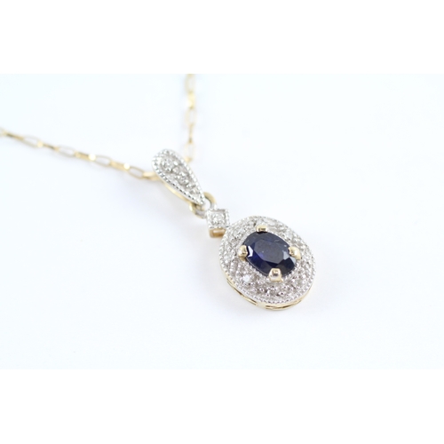 67 - 9ct gold Diamond & Sapphire cluster pendant necklace (1.3g)