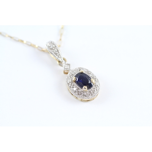 67 - 9ct gold Diamond & Sapphire cluster pendant necklace (1.3g)