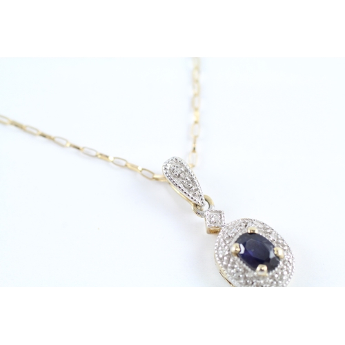 67 - 9ct gold Diamond & Sapphire cluster pendant necklace (1.3g)