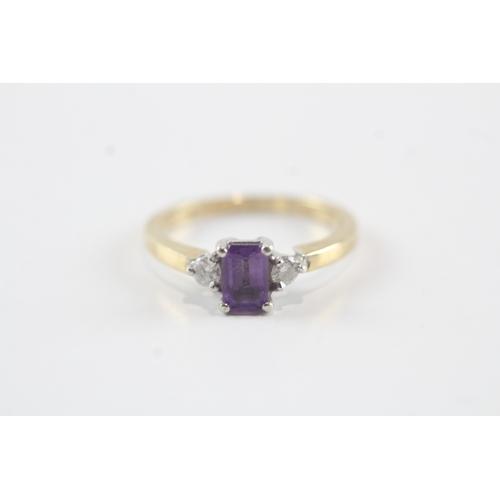 7 - 9ct gold diamond & amethyst trilogy dress ring (3.1g) Size O 1/2