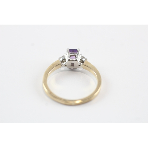 7 - 9ct gold diamond & amethyst trilogy dress ring (3.1g) Size O 1/2