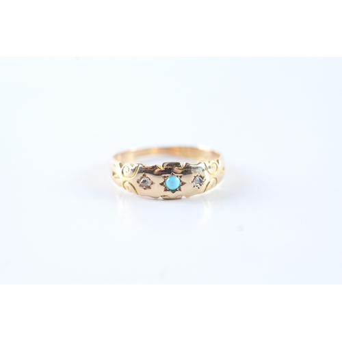 71 - 15ct gold turquoise & diamond trilogy star set dress ring (2.1g) Size N