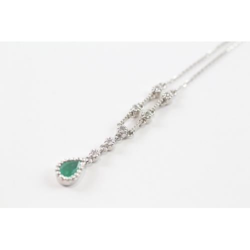 79 - 9ct white gold diamond & emerald drop pendant necklace (2.5g)