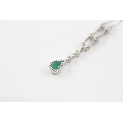 79 - 9ct white gold diamond & emerald drop pendant necklace (2.5g)