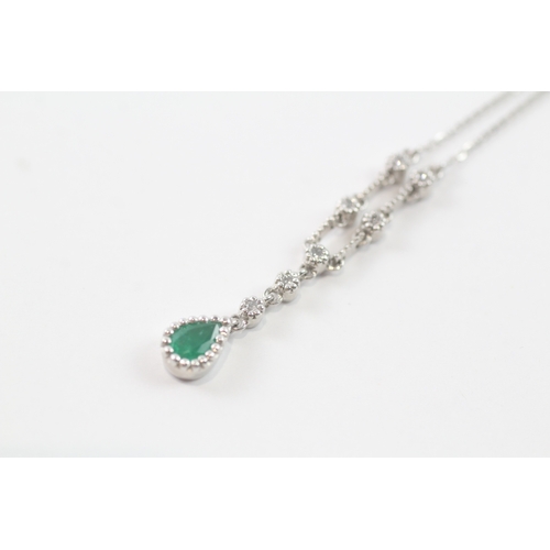 79 - 9ct white gold diamond & emerald drop pendant necklace (2.5g)