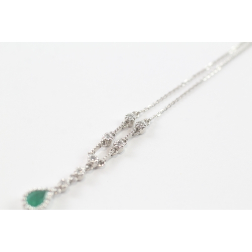 79 - 9ct white gold diamond & emerald drop pendant necklace (2.5g)