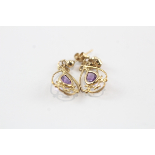 98 - 9ct gold amethyst teardrop earrings (1.2g)