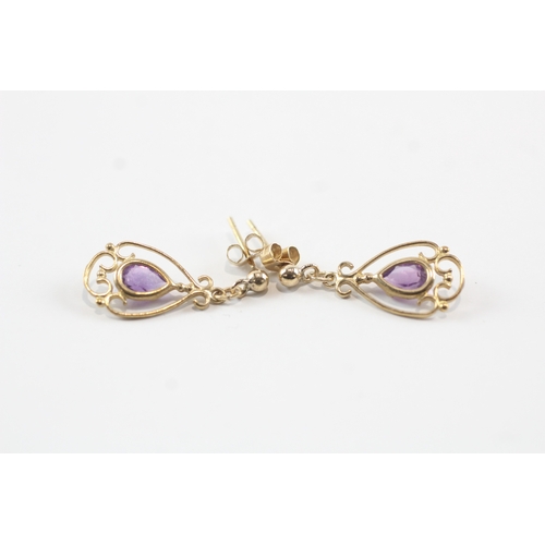 98 - 9ct gold amethyst teardrop earrings (1.2g)