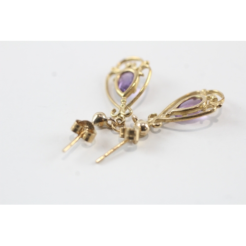 98 - 9ct gold amethyst teardrop earrings (1.2g)