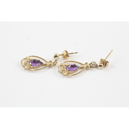 98 - 9ct gold amethyst teardrop earrings (1.2g)